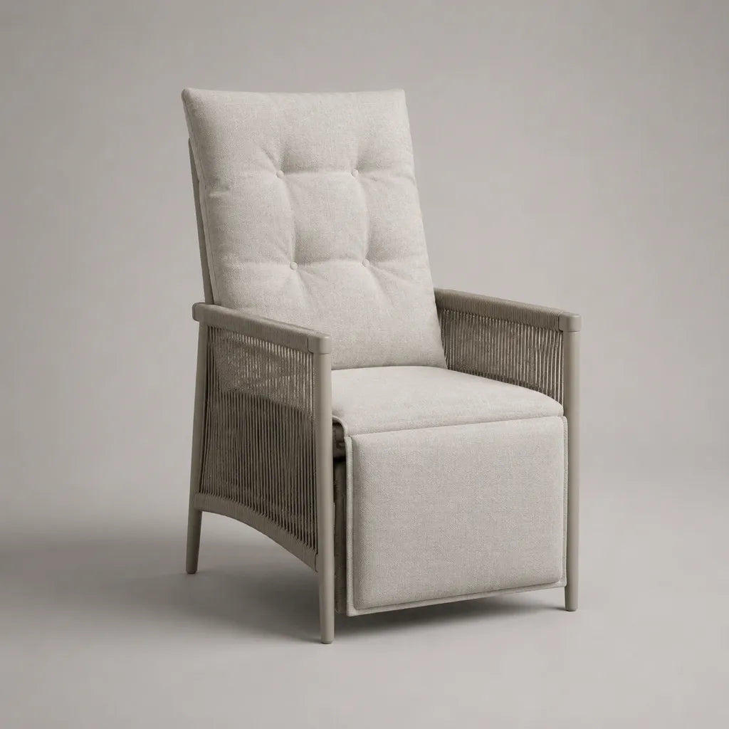 Poltrona per esterni con poggiapiedi estraibile in alluminio, corda e tessuto, tortora e beige chiaro, 63 x 75 x 105 cm