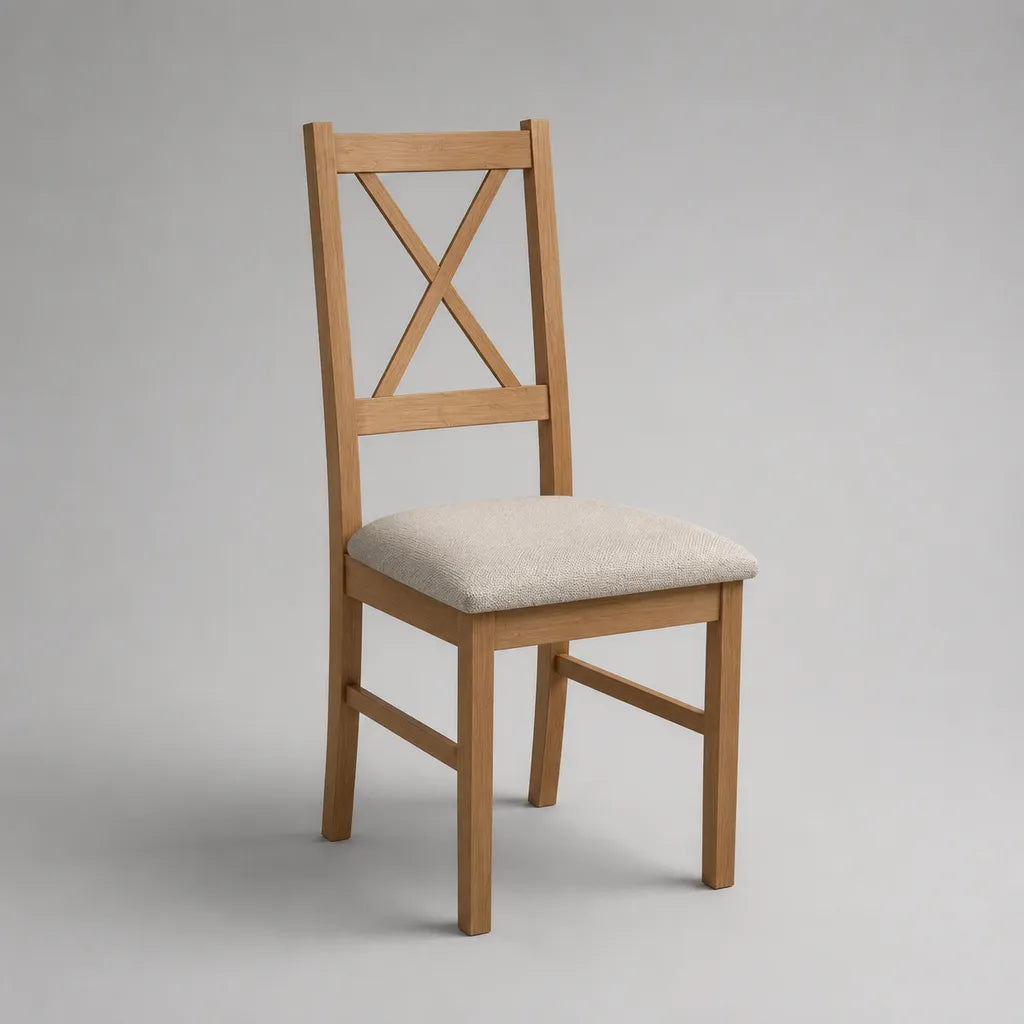 Sedia da pranzo in legno massello naturale con seduta imbottita beige e schienale a X, 45 x 50 x 95 cm