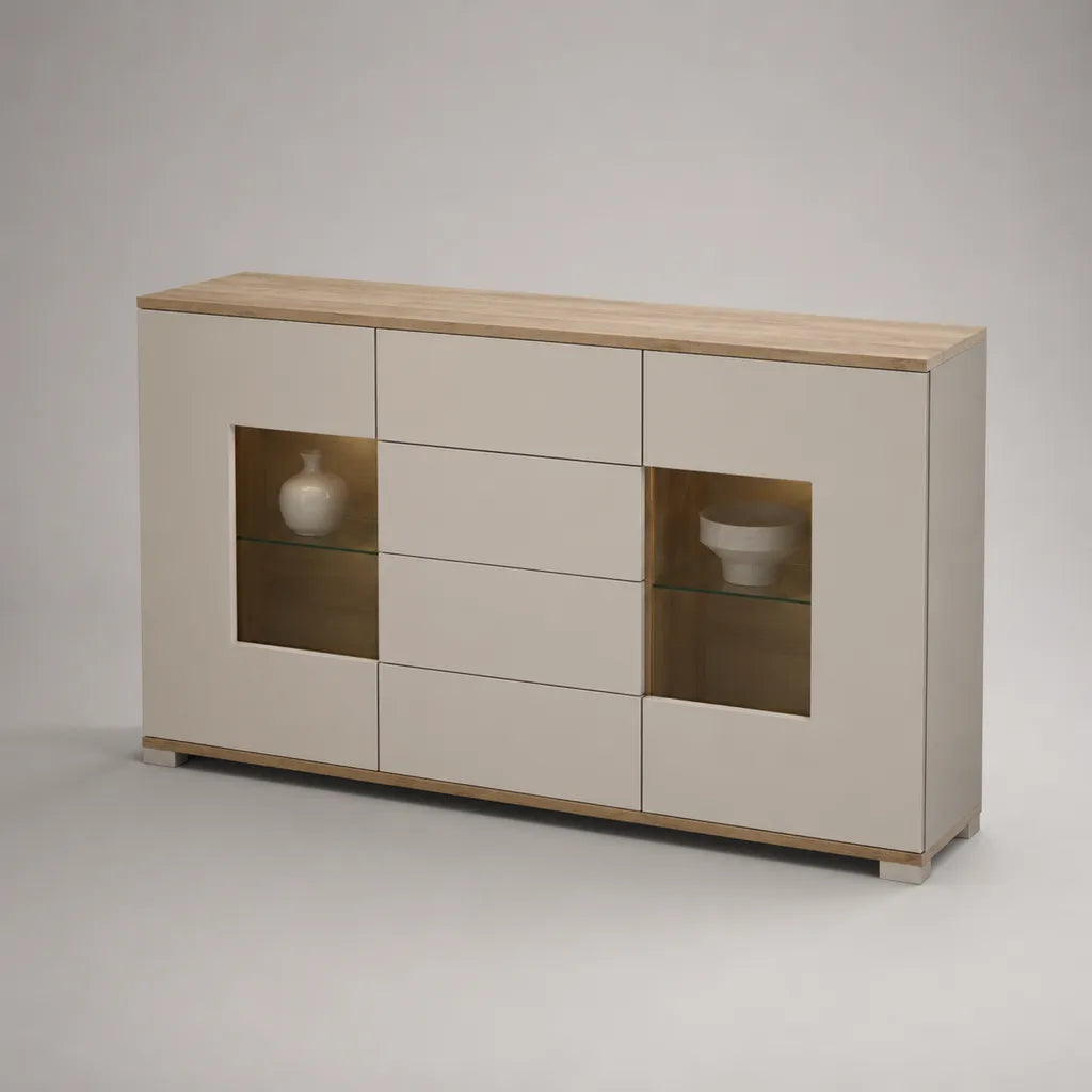 Credenza rettangolare in MDF con 2 ante vetrate e 4 cassetti, bianco e rovere naturale, 160 × 40 × 90 cm