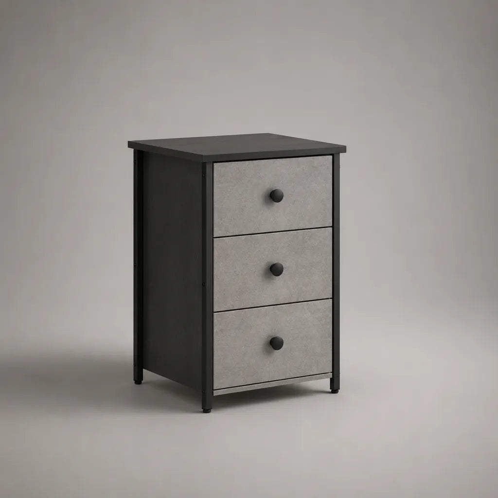 Comodino con 3 cassetti in poliestere e MDF, struttura rettangolare in acciaio, nero e grigio, 45 × 30 × 70 cm