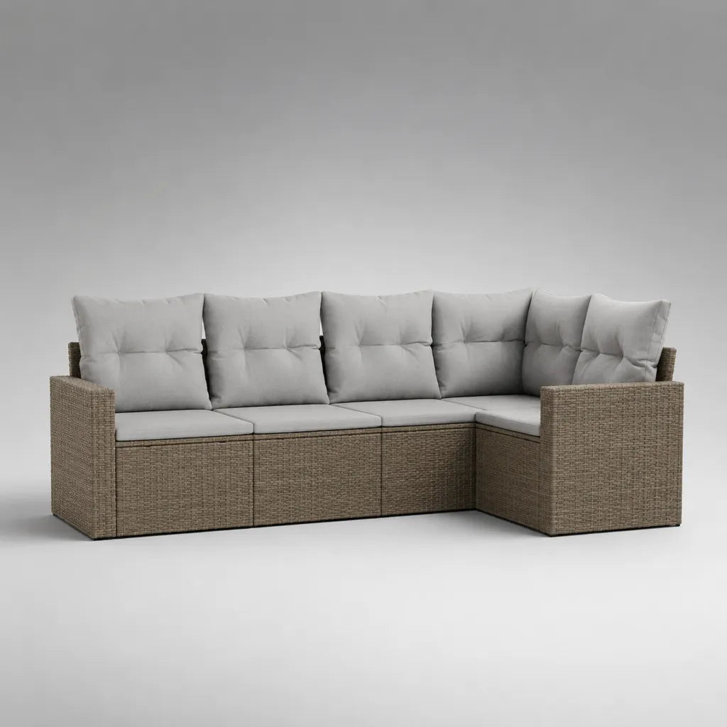 Divano angolare da giardino a 5 posti in rattan PE con cuscini grigio chiaro, 238 x 180 x 88 cm