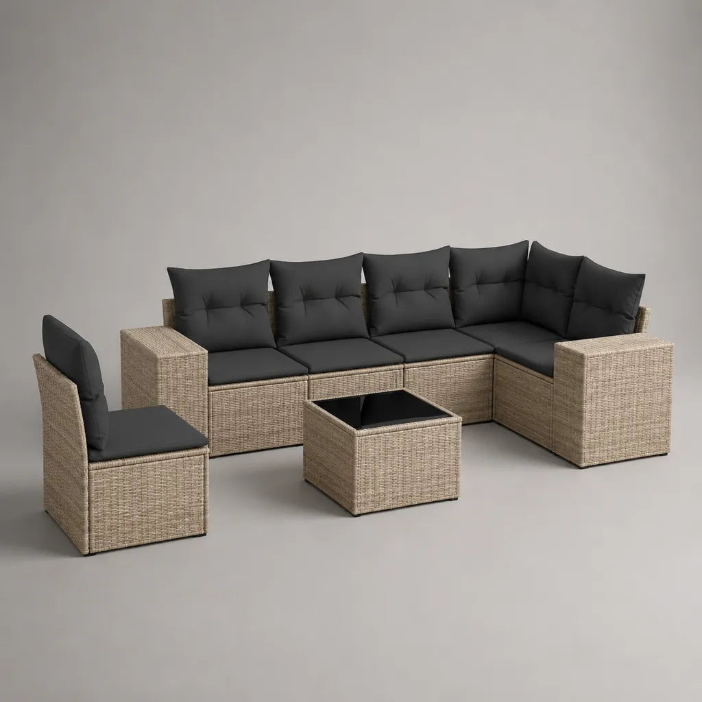 Set da giardino angolare 6 posti in rattan PE beige e antracite con divano, poltrona e tavolino, 238 × 180 × 78 cm