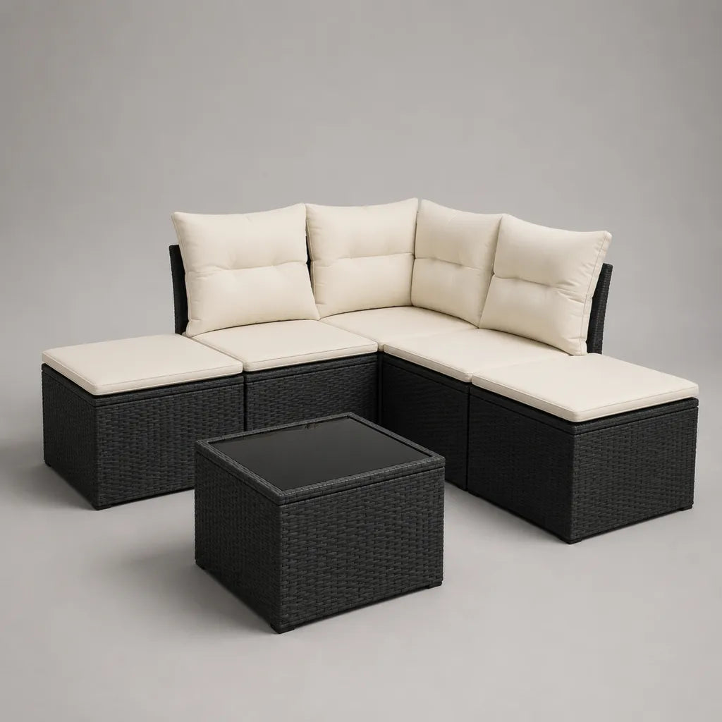 Set divano angolare da esterno 6 pezzi in polyrattan PE nero con cuscini color crema e tavolino, 210 × 210 × 72 cm