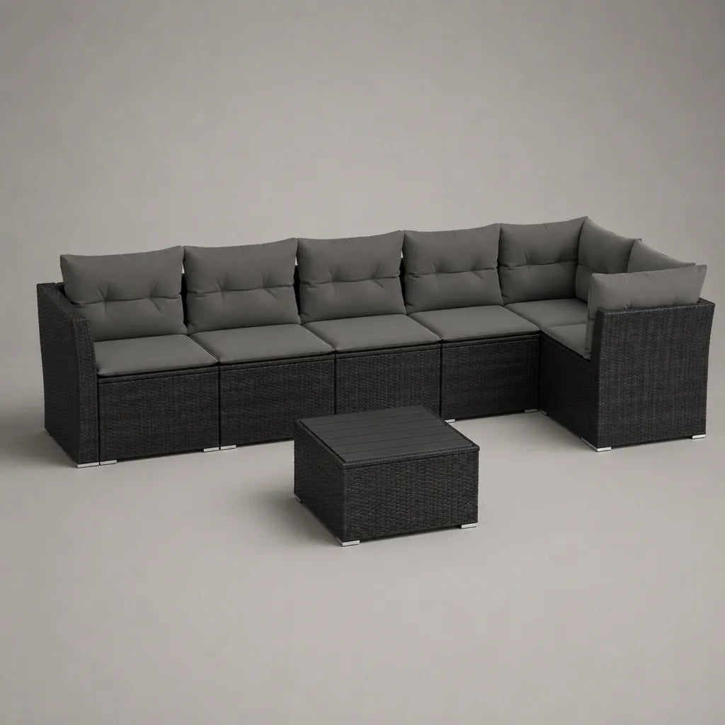 Salotto angolare da giardino per esterno a 5 posti con tavolino in rattan PE nero e cuscini grigio antracite, 315 × 145 × 72 cm