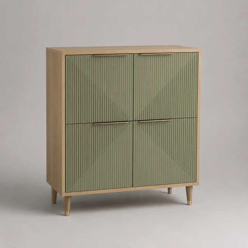Credenza alta rettangolare a 4 ante in MDF verde salvia e rovere chiaro, 100 x 40 x 115 cm