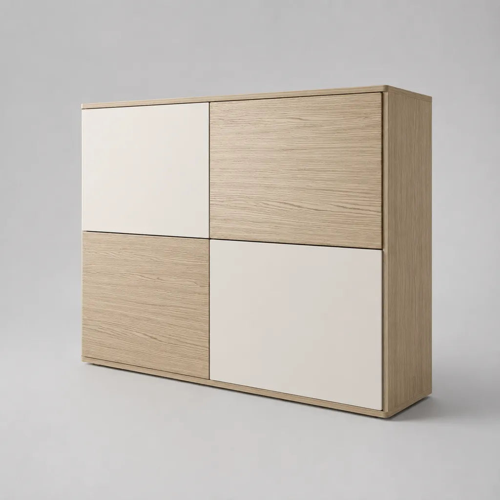 Credenza rettangolare a 4 ante in truciolare melaminico e MDF, rovere chiaro e bianco opaco, 120 x 40 x 100 cm