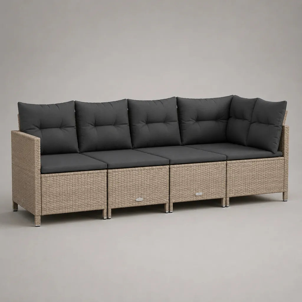 Set divano da giardino modulare a 4 posti con contenitori in rattan PE beige e cuscini grigio antracite, 250 x 75 x 75 cm