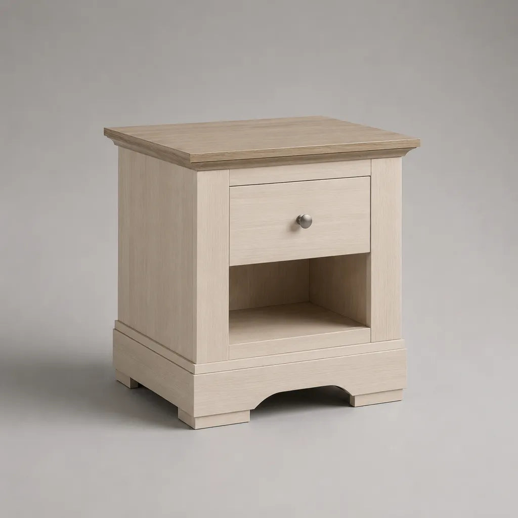 Comodino rettangolare in legno con cassetto e vano aperto, beige chiaro effetto frassino, 50 x 40 x 60 cm