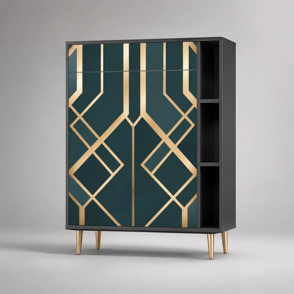 Credenza alta rettangolare con 4 ante e 3 vani aperti in MDF e acciaio, verde petrolio, nero e oro, 120 x 40 x 150 cm