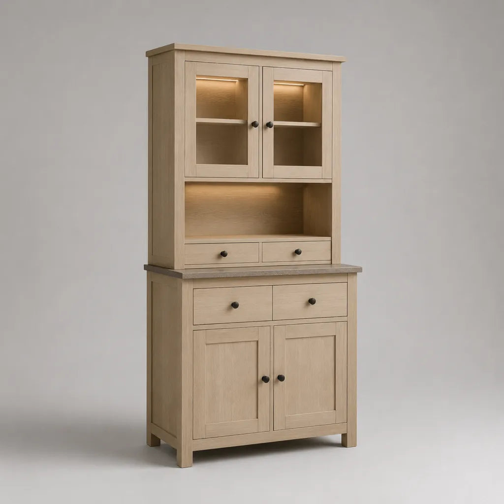 Credenza alta con vetrina e illuminazione LED in MDF impiallacciato, rovere naturale, 100 x 45 x 190 cm