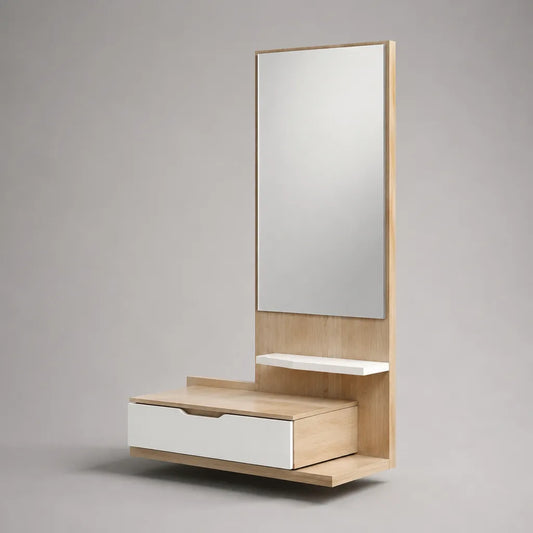 Mobile da ingresso sospeso con specchio, cassetto e mensole in pannello truciolare melaminico, rovere chiaro e bianco, 100 × 35 × 180 cm