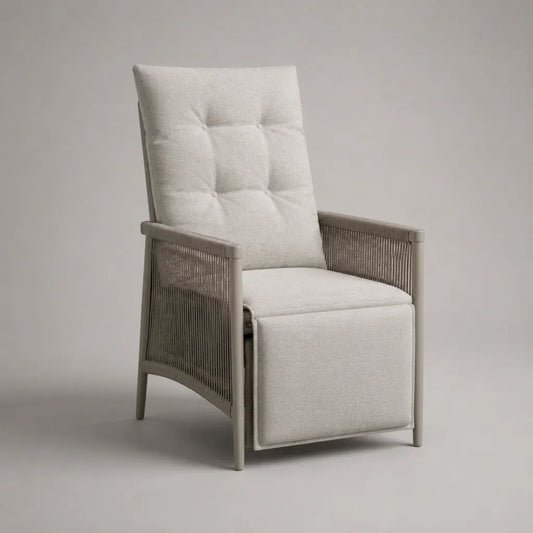 Poltrona per esterni con poggiapiedi estraibile in alluminio, corda e tessuto, tortora e beige chiaro, 63 x 75 x 105 cm