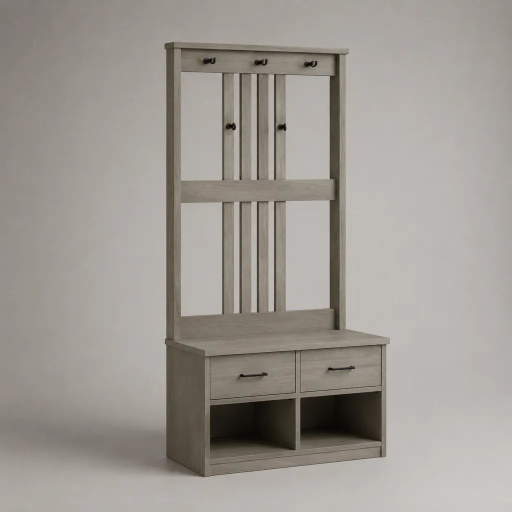 Mobile da ingresso appendiabiti con panca, 2 cassetti, 2 vani e 5 ganci in MDF, grigio rovere, 80 × 40 × 180 cm