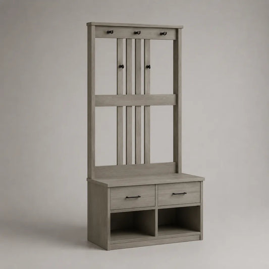 Mobile da ingresso appendiabiti con panca, 2 cassetti, 2 vani e 5 ganci in MDF, grigio rovere, 80 × 40 × 180 cm