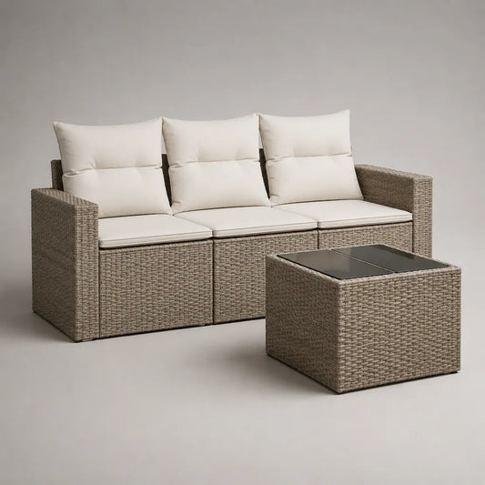 Set da esterno 2 pezzi con divano a 3 posti 191 x 73 x 84 cm e tavolino 65 x 65 x 36 cm in rattan PE beige con cuscini crema