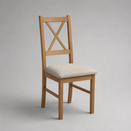 Sedia da pranzo in legno massello naturale con seduta imbottita beige e schienale a X, 45 x 50 x 95 cm
