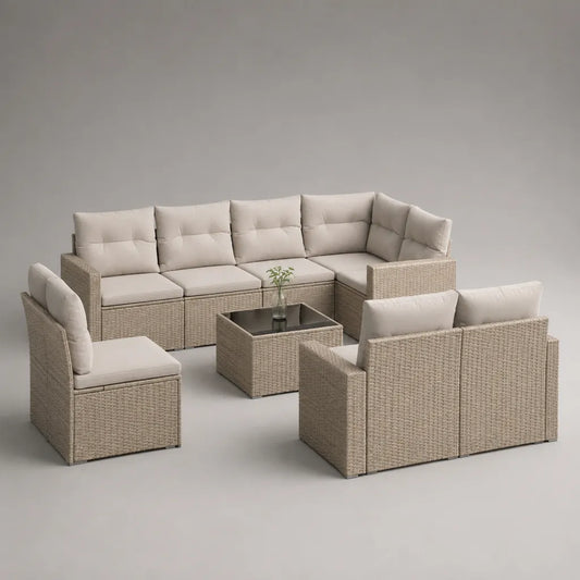 Set salotto da giardino modulare a 7 posti in rattan PE beige con cuscini crema e tavolino, 290 x 220 x 74 cm