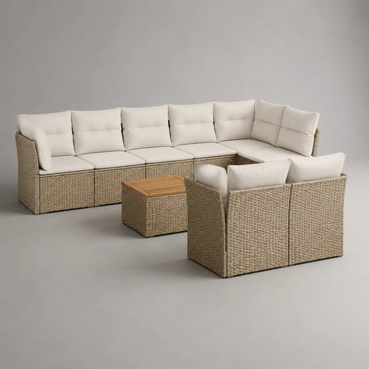 Set divano angolare da esterno 9 pezzi in rattan PE beige con cuscini crema, 8 posti, 325 x 215 x 75 cm, tavolino 60 x 60 x 45 cm