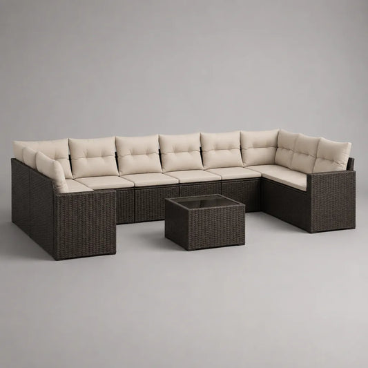 Set divano angolare componibile da esterno a 7 posti con tavolino in rattan PE marrone scuro e cuscini beige, 280 × 220 × 75 cm