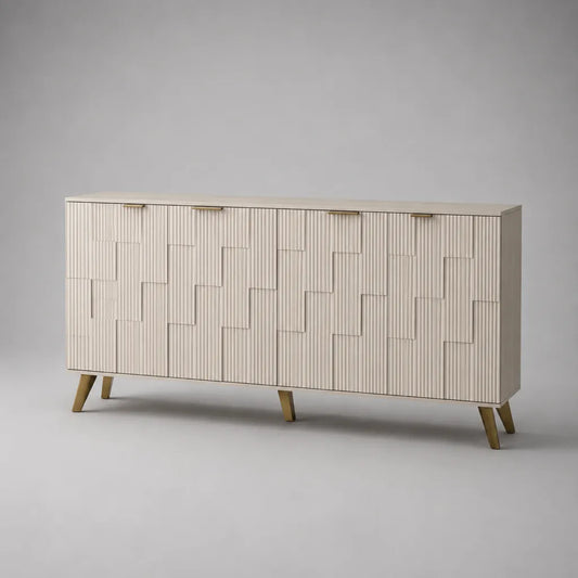 Credenza portaoggetti rettangolare a 4 ante in MDF con gambe in acciaio, avorio e ottone, 180 x 40 x 80 cm