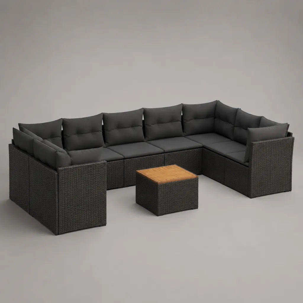 Set modulare da esterno a U 9 pezzi in rattan PE con cuscini, nero e grigio antracite, 309 x 184 x 69 cm