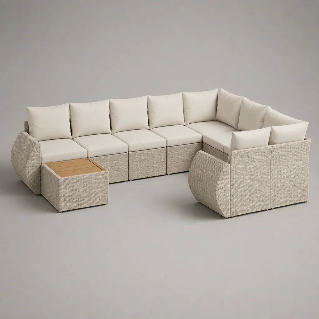 Divano da giardino modulare a U 7 posti con tavolino in rattan beige, 320 × 220 × 78 cm