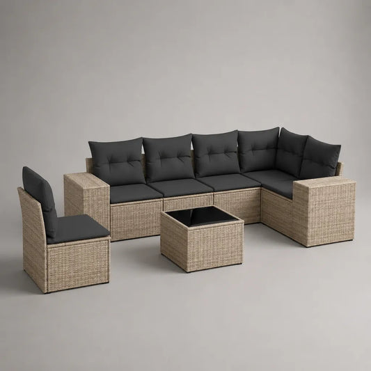 Set da giardino angolare 6 posti in rattan PE beige e antracite con divano, poltrona e tavolino, 238 × 180 × 78 cm