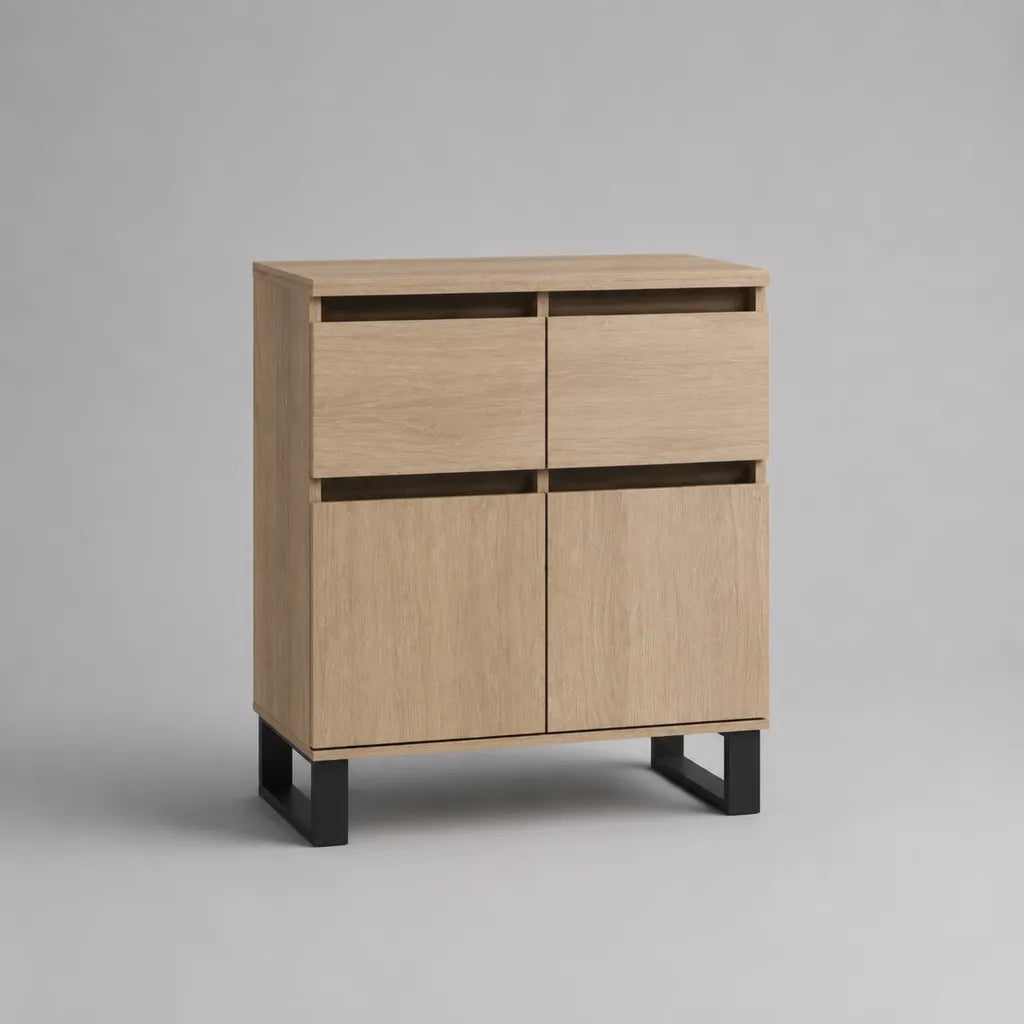 Credenza rettangolare 90 x 40 x 110 cm in MDF impiallacciato rovere con 2 cassetti, 2 ante e gambe in acciaio nero