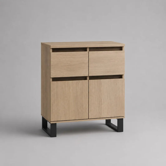 Credenza rettangolare 90 x 40 x 110 cm in MDF impiallacciato rovere con 2 cassetti, 2 ante e gambe in acciaio nero