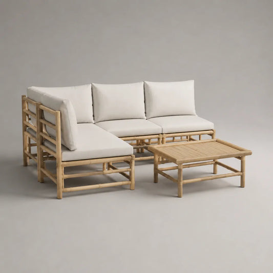 Salotto angolare da giardino a 3 posti in bambù naturale, 3 pezzi con penisola sinistra, cuscini bianco crema e tavolino, 214 × 150 × 74 cm