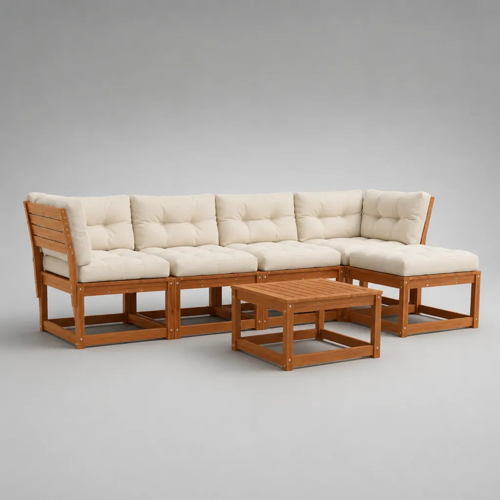 Set divano angolare da giardino 6 pezzi in legno massello di acacia con cuscini color crema, 284 x 142 x 74 cm