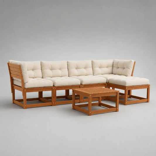 Set divano angolare da giardino 6 pezzi in legno massello di acacia con cuscini color crema, 284 x 142 x 74 cm