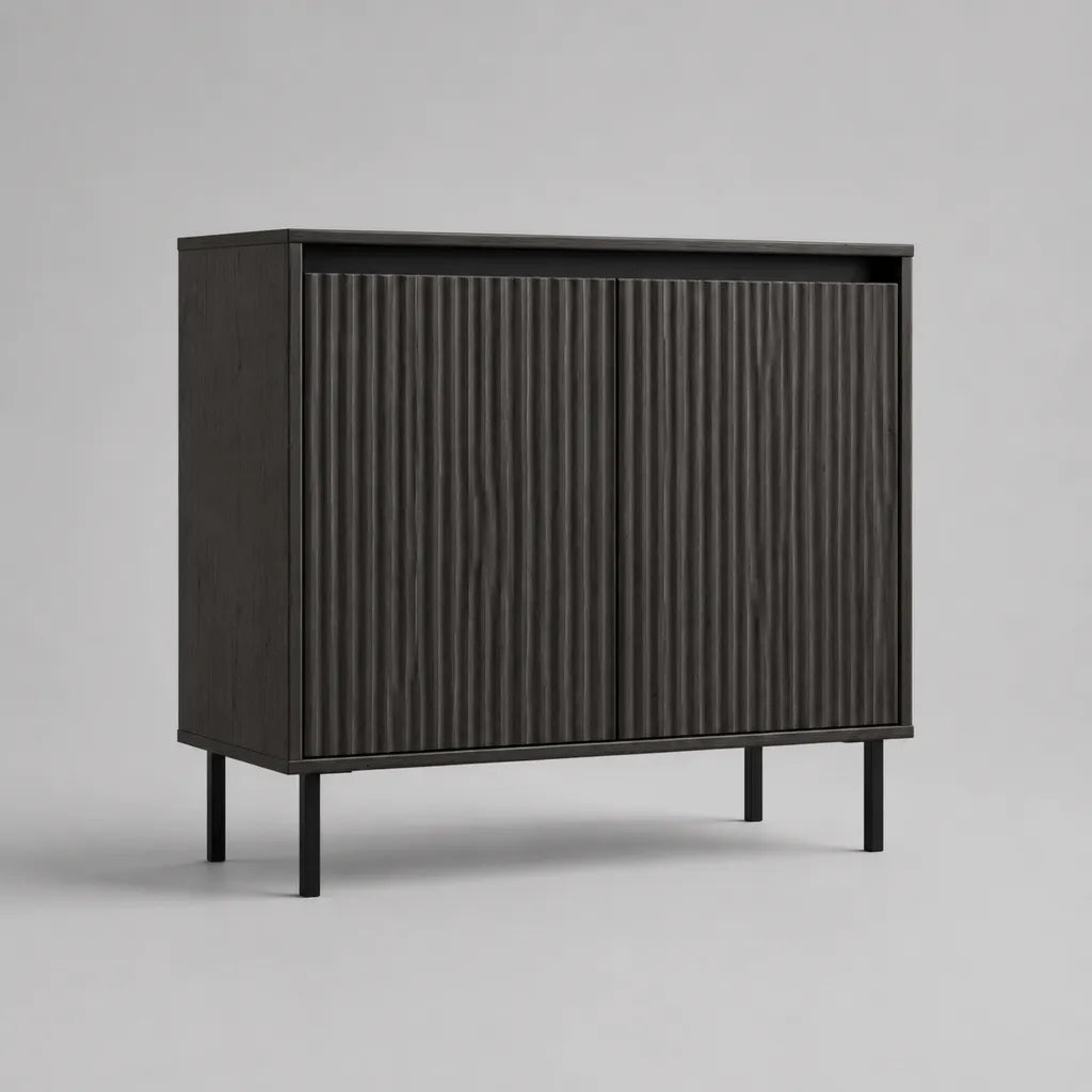 Credenza rettangolare in legno e metallo con 2 ante scorrevoli scanalate, nero carbone e marrone scuro, 100 x 40 x 90 cm
