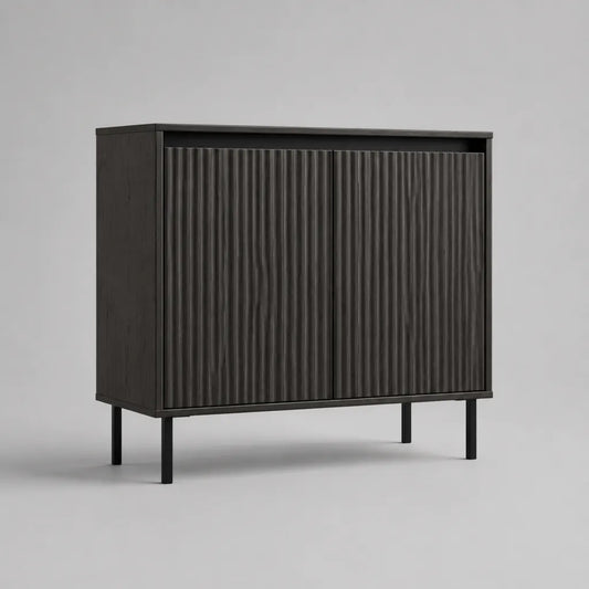 Credenza rettangolare in legno e metallo con 2 ante scorrevoli scanalate, nero carbone e marrone scuro, 100 x 40 x 90 cm