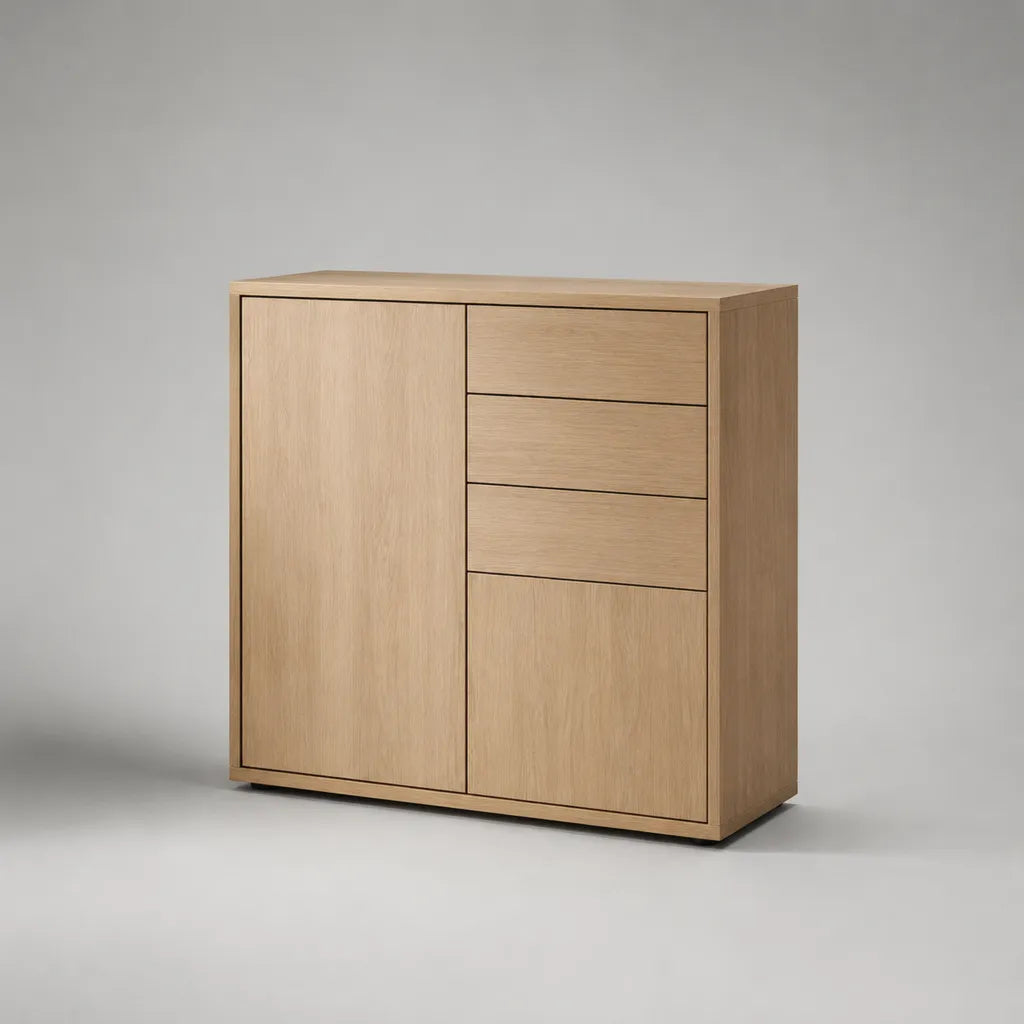 Credenza alta rettangolare in MDF impiallacciato rovere naturale con 2 ante e 3 cassetti, 110 × 40 × 120 cm