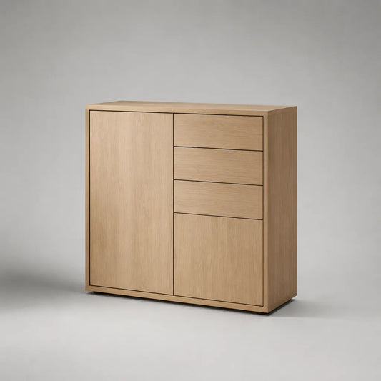 Credenza alta rettangolare in MDF impiallacciato rovere naturale con 2 ante e 3 cassetti, 110 × 40 × 120 cm