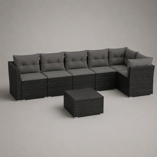 Salotto angolare da giardino per esterno a 5 posti con tavolino in rattan PE nero e cuscini grigio antracite, 315 × 145 × 72 cm