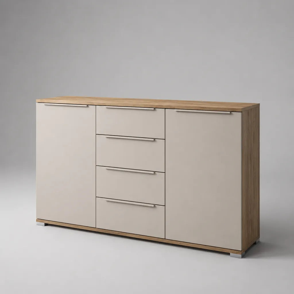 Credenza in pannelli di particelle melaminati con 2 ante e 4 cassetti, beige e rovere naturale, 160 × 40 × 85 cm