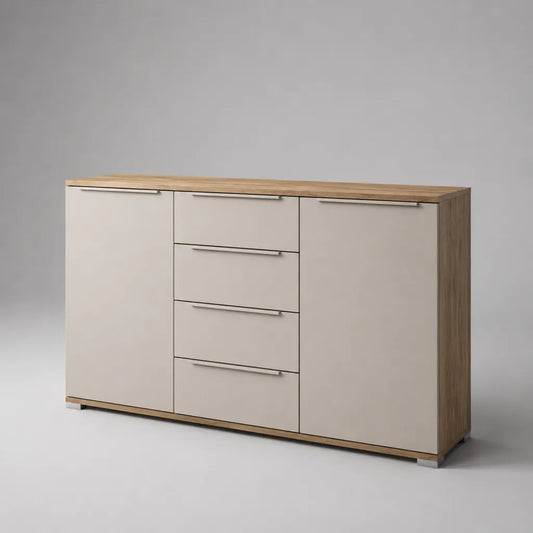 Credenza in pannelli di particelle melaminati con 2 ante e 4 cassetti, beige e rovere naturale, 160 × 40 × 85 cm