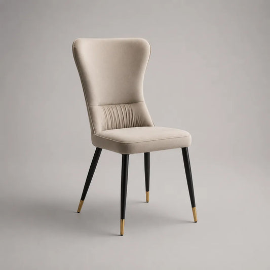 Sedia da pranzo imbottita in velluto di poliestere beige con schienale sagomato e gambe in acciaio nero, 52 x 60 x 91 cm