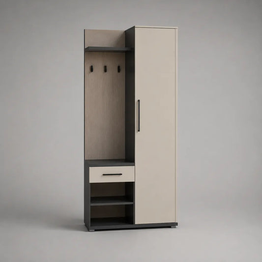 Mobile da ingresso con armadio, scarpiera, cassetto e 3 ganci in truciolare melaminico, antracite e beige, 90 x 35 x 190 cm