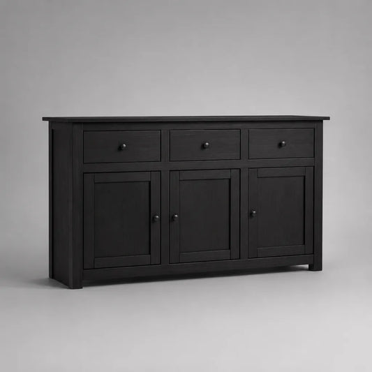Credenza buffet rettangolare in MDF e legno massello nero, 150 × 40 × 85 cm, con 3 cassetti e 3 ante