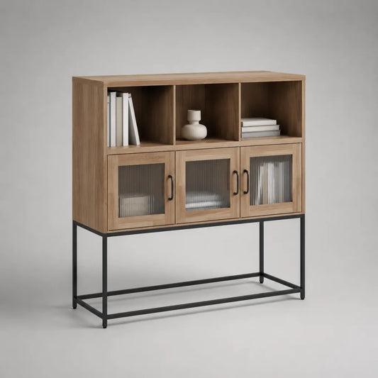 Credenza alta rettangolare in legno, metallo e vetro con 3 ante e 6 vani, rovere naturale e nero, 120 × 40 × 130 cm