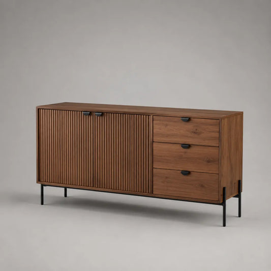 Credenza rettangolare in MDF impiallacciato e metallo, 2 ante scanalate e 3 cassetti, marrone noce e nero, 140 x 40 x 75 cm