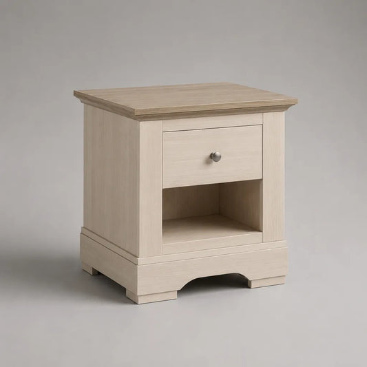 Comodino rettangolare in legno con cassetto e vano aperto, beige chiaro effetto frassino, 50 x 40 x 60 cm