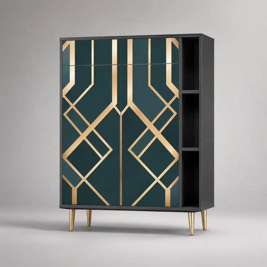 Credenza alta rettangolare con 4 ante e 3 vani aperti in MDF e acciaio, verde petrolio, nero e oro, 120 x 40 x 150 cm