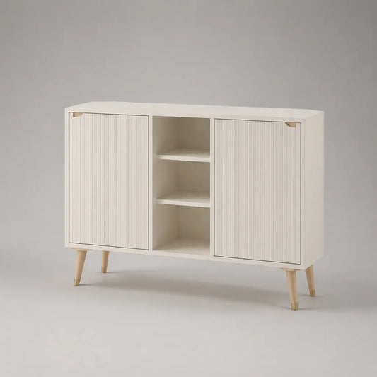 Credenza rettangolare in MDF avorio con 2 ante scanalate, 3 vani aperti e gambe color legno naturale, 120 x 40 x 80 cm