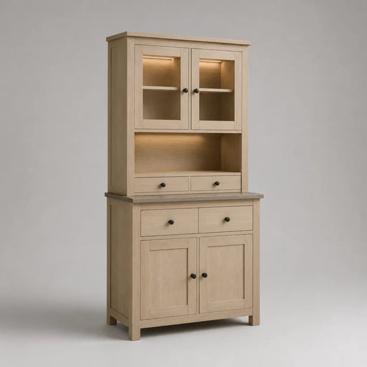 Credenza alta con vetrina e illuminazione LED in MDF impiallacciato, rovere naturale, 100 x 45 x 190 cm